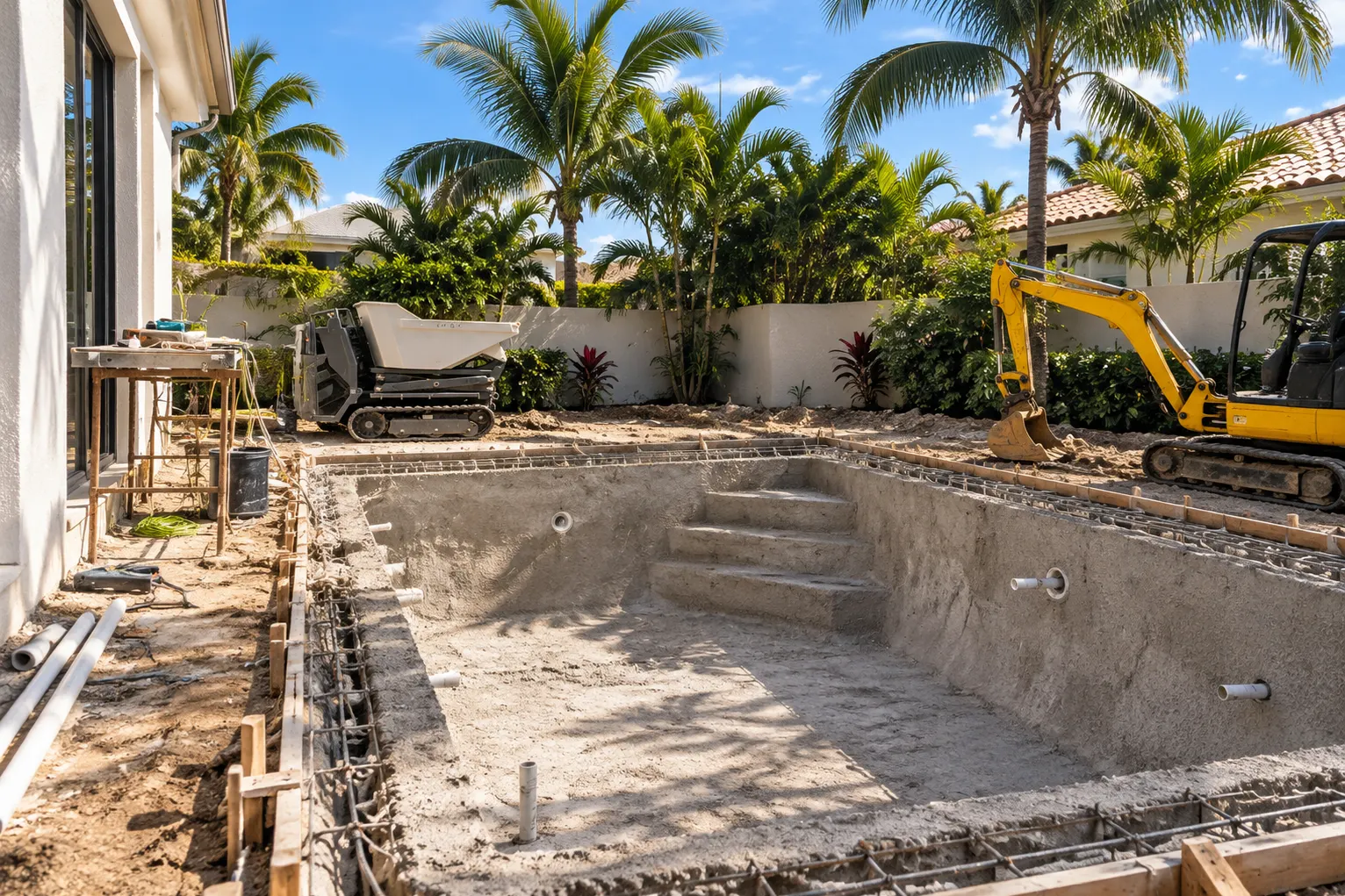 Concrete pool shell freshly shot in a Miami backyard