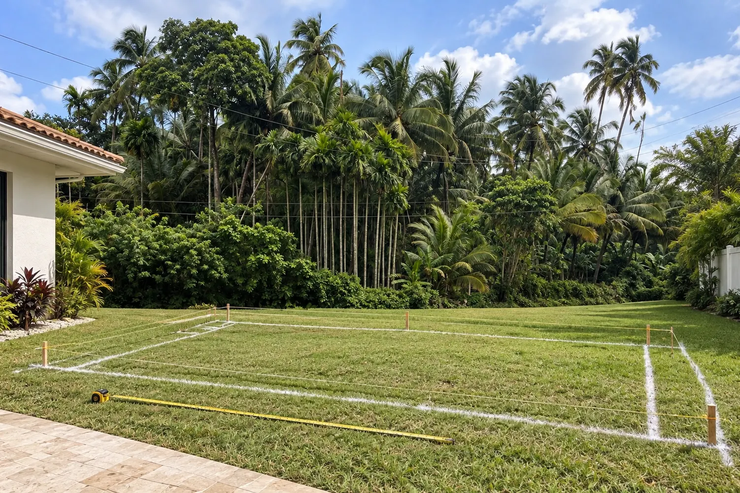 Backyard marked out for a new pool before excavation
