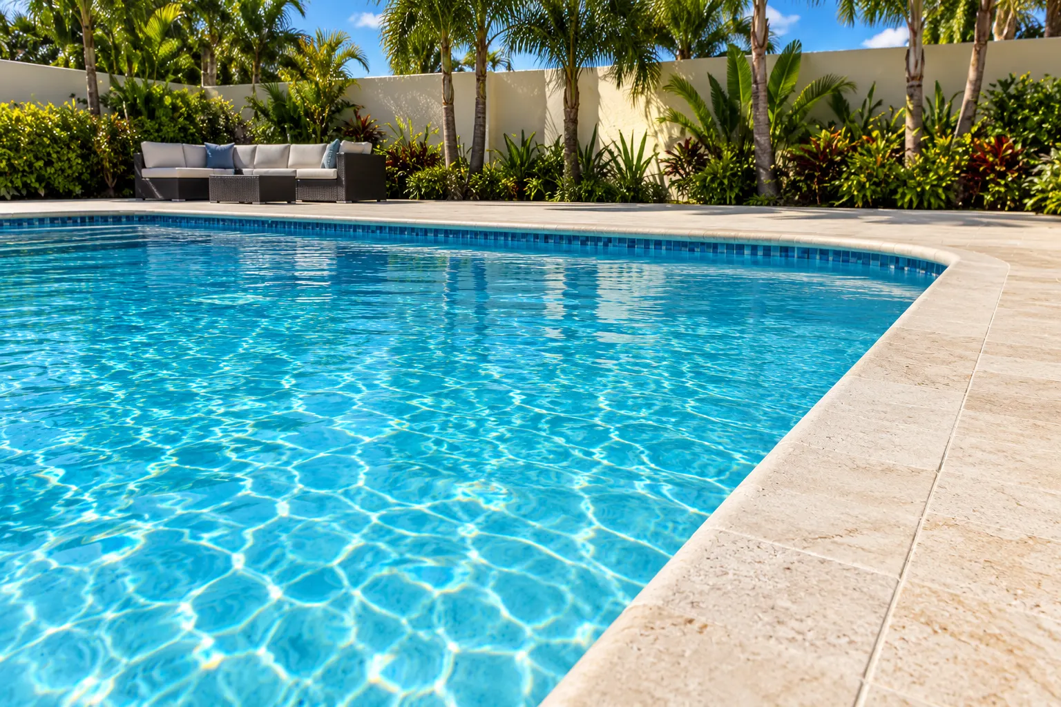New travertine deck around a just-finished pool