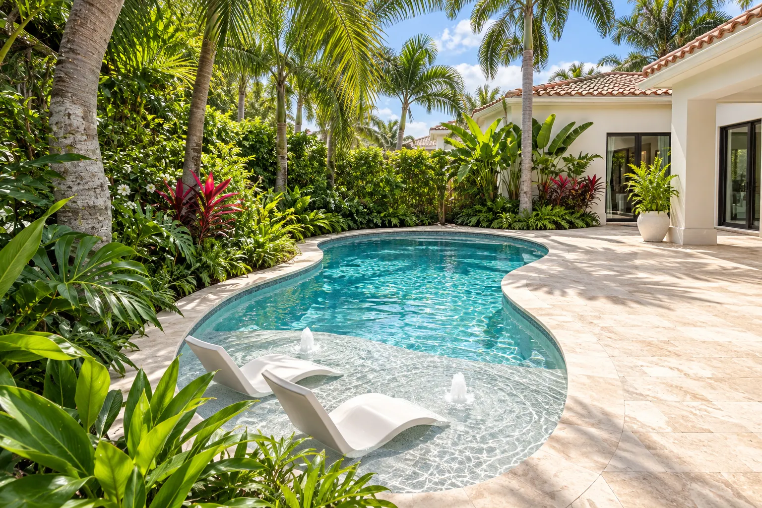 Freeform pool with a sun shelf and bubblers