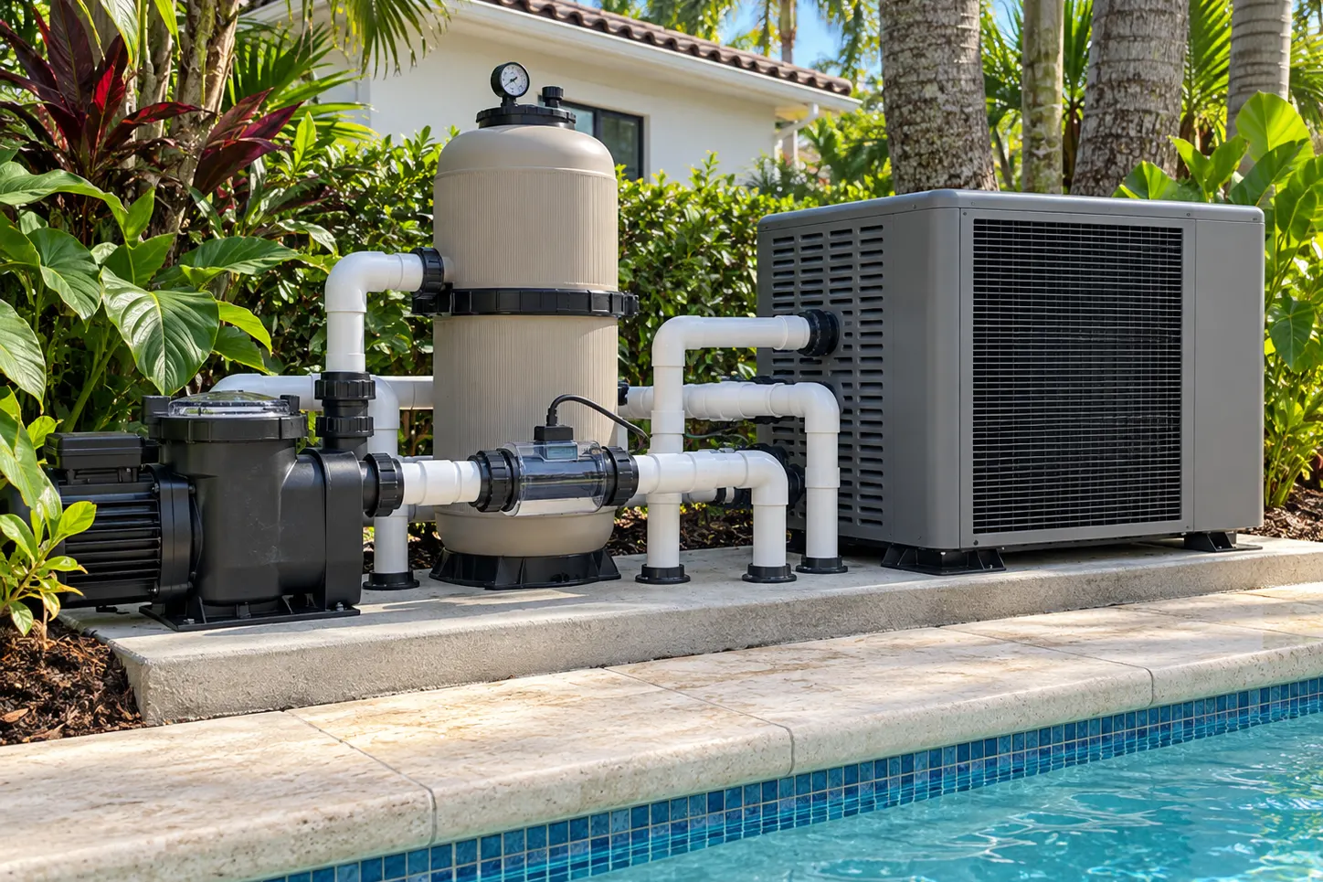 New pool equipment pad with heat pump and salt cell