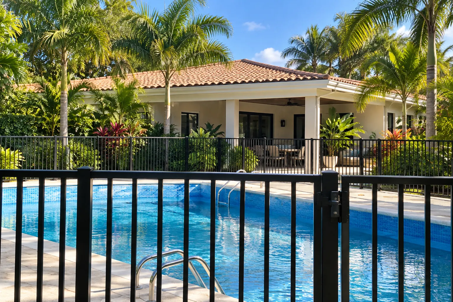 New pool behind an aluminum safety fence with a self-closing gate
