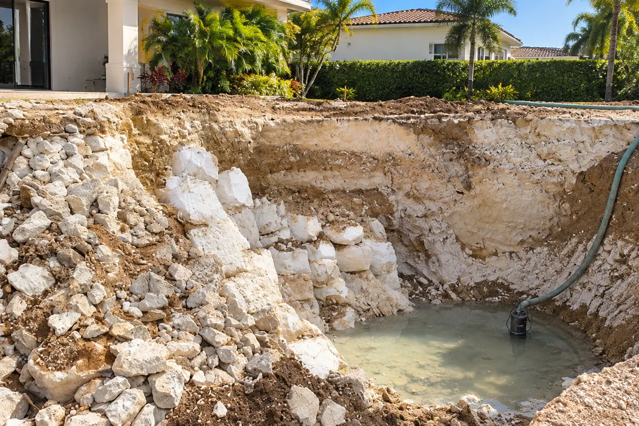 Pool excavation in limestone with groundwater at the bottom