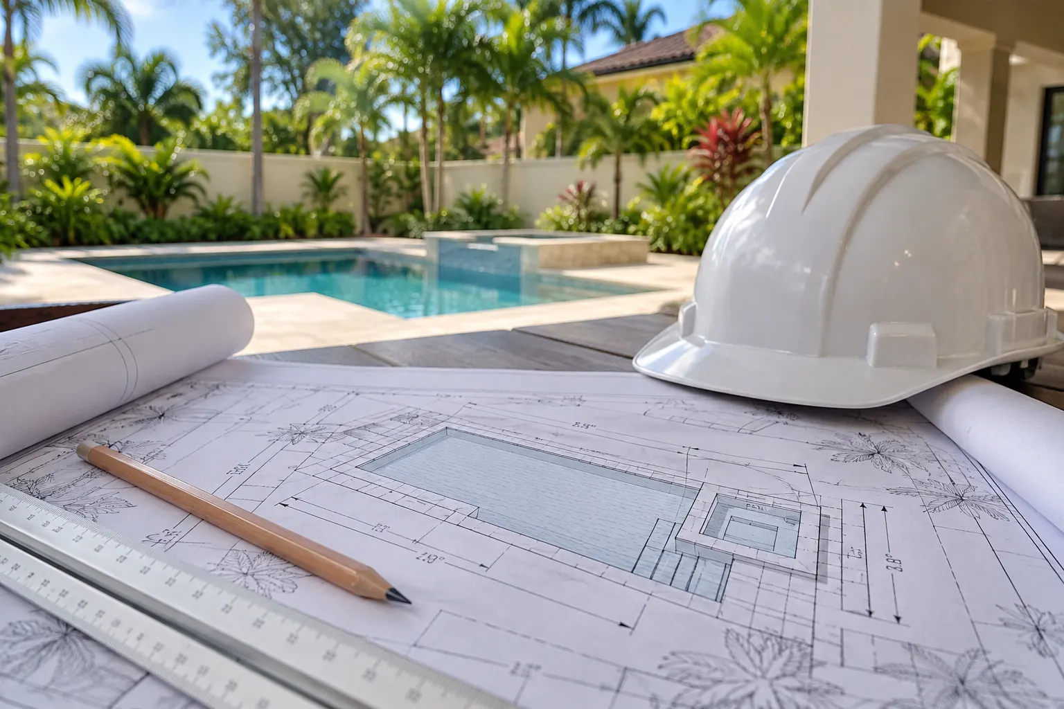 Signed pool plans and a hard hat on a patio table