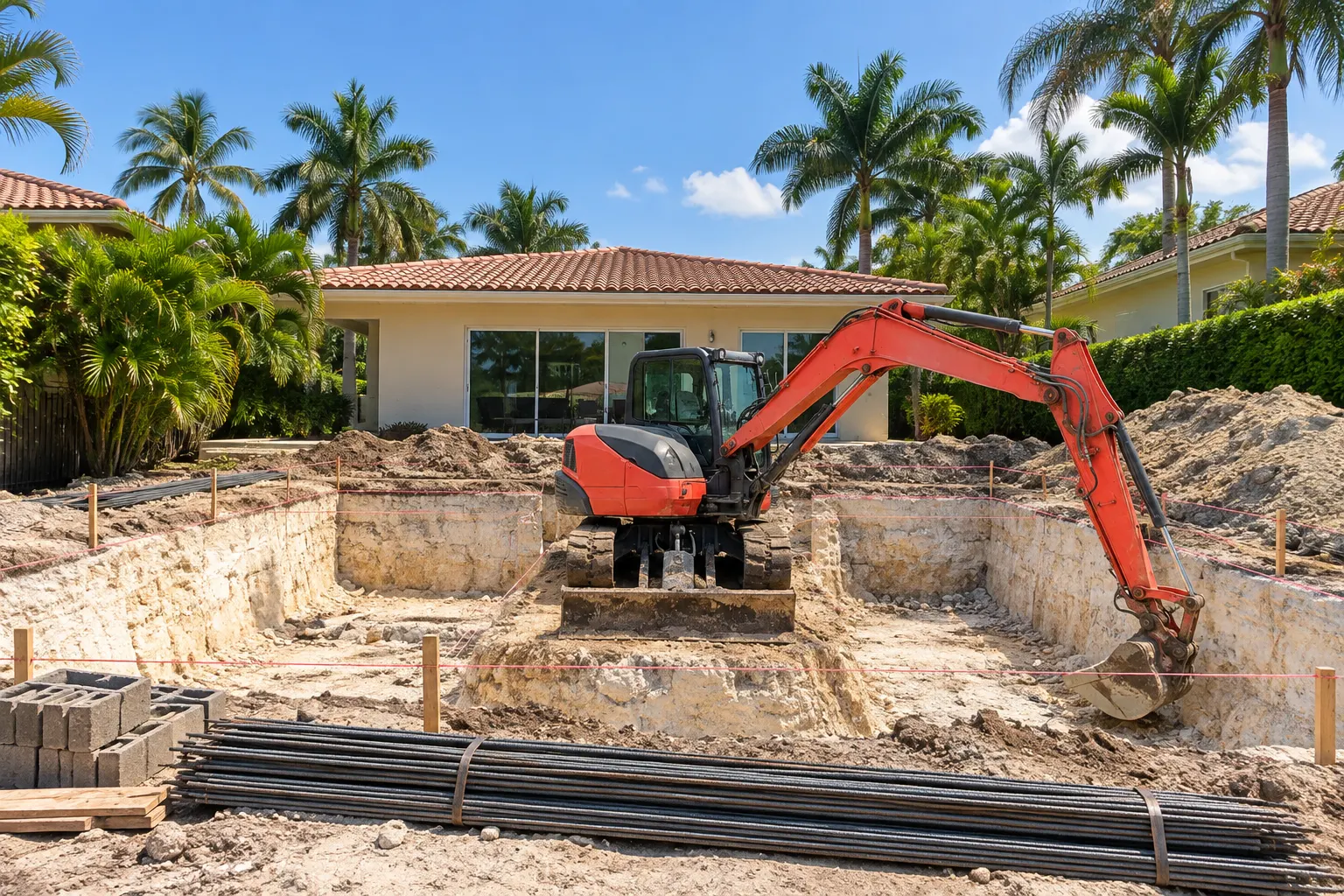 Excavated pool site in a Miami backyard before steel