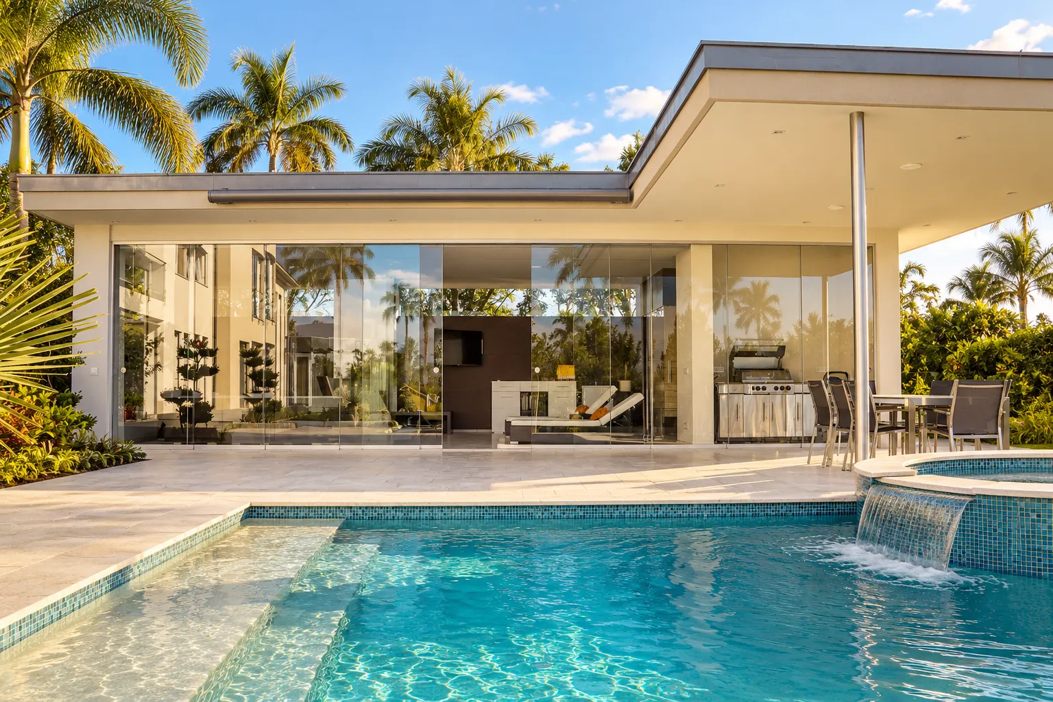 New concrete pool with spa and sun shelf in a Miami backyard