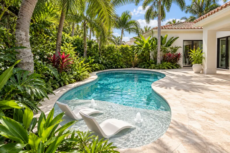 New pool with a shallow sun shelf and bubblers