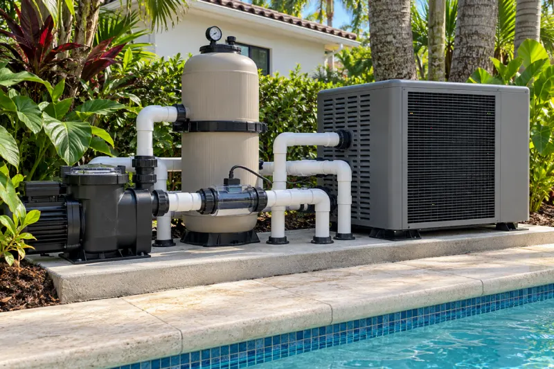 Equipment pad with a variable-speed pump beside a new pool