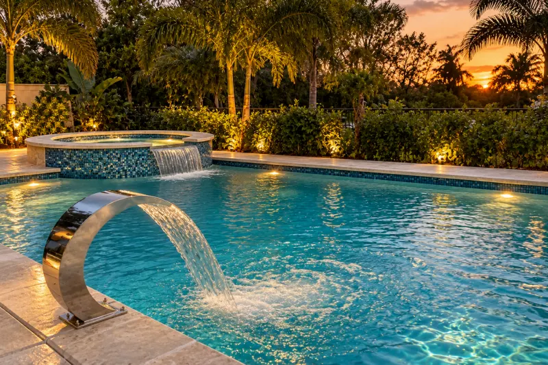 Raised concrete spa spilling over into a new pool