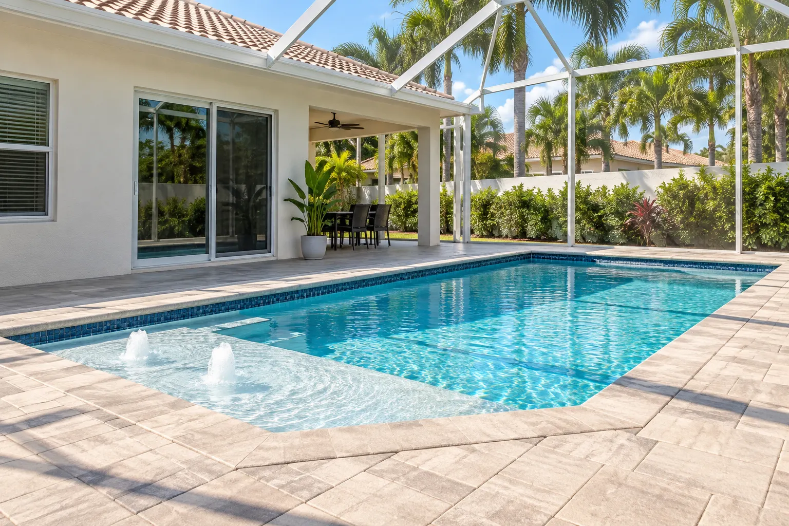 Compact new pool with a sun shelf in a Kendall backyard