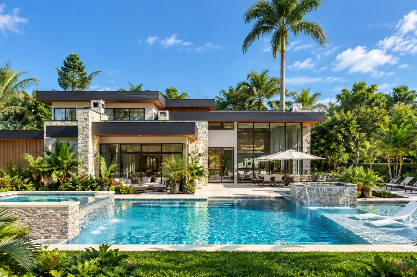 Custom pool with spa and waterfall at a Parkland home